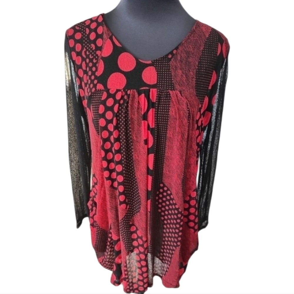 CREATION Red Polka Dot & Sheer Tunic Top Size Small NWT